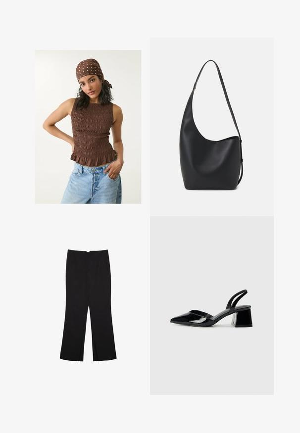Brauner, geraffter Tanktop mit einem rüschenbesetzten Saum, aus einem strukturierten Stoff. Kombiniert mit hellblauen Jeans. Ein gepunkteter Schal rundet das Outfit ab.; Schwarze Hose mit geradem Schnitt, ausgestattet mit Fronttaschen und Seitenschlitzen am Saum. Hergestellt aus weichem, glattem Stoff. Geeignet für verschiedene Anlässe.; Schwarze Lackleder-Slingback-High Heels mit spitzem Schuh und einem geometrischen Blockabsatz. Verfügt über ein schlankes, minimalistisches Design und eine glatte Textur.; Schwarze Leder-Hobo-Tasche mit einer glatten Textur, geschwungener Form und einem einzelnen verstellbaren Tragegurt; verfügt über eine weite Öffnung am oberen Ende.