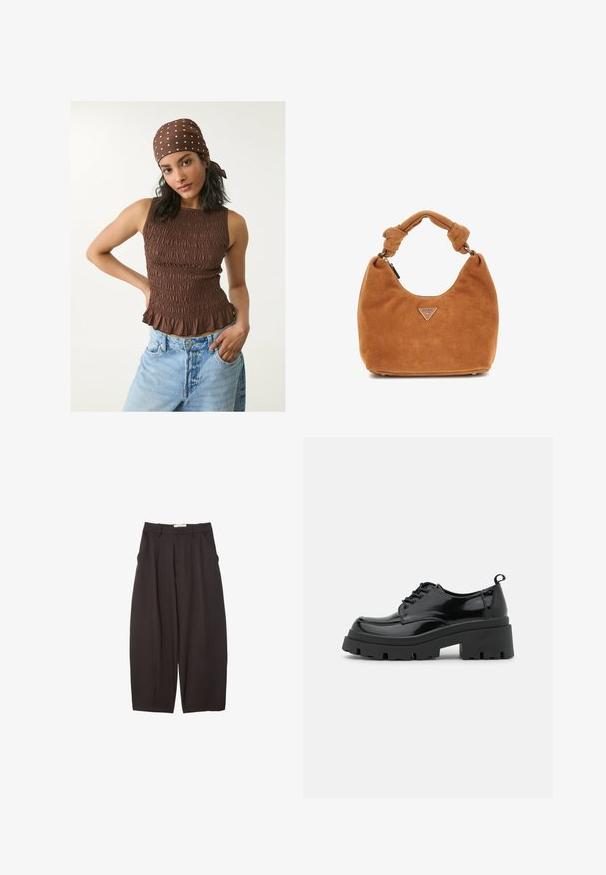 Débardeur smocké marron avec un ourlet volanté, fabriqué dans un tissu texturé. Assorti avec un jean en denim bleu clair. Une écharpe à pois complète le look.; Pantalons larges noirs en tissu lisse, avec une taille haute, des plis avant et des poches latérales. Design simple sans embellissements.; Chaussures en cuir patiné noir avec une semelle épaisse et chunky, dotées de lacets épais. Embout arrondi, détails minimaux et un petit tirant à l'arrière.; Sac hobo en doux suédine beige, avec une anse nouée, mettant en avant un logo triangulaire argenté et une fermeture zippée sur le dessus.