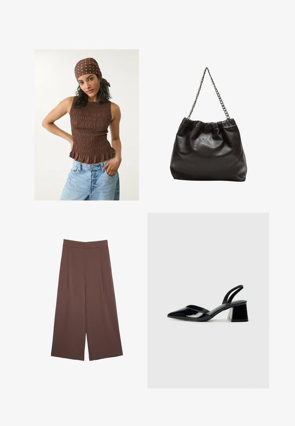 Top smock beige con orlo arricciato, caratterizzato da un tessuto texture. Abbinato a jeans di denim blu chiaro. Una sciarpa a pois completa il look.; Pantaloni ampi marroni con una texture liscia, caratterizzati da una vita alta e pieghe frontali. Il tessuto è leggero e scorre liberamente.; Décolleté in vernice nera con punta affusolata e tacco in geometria cubica. Presentano un design elegante e minimalista, con una texture liscia.; Borsa in pelle marrone con parte superiore arricciata e tracolla a catena. Texture liscia con finitura lucida e dettagli di cucitura sottili sui lati.