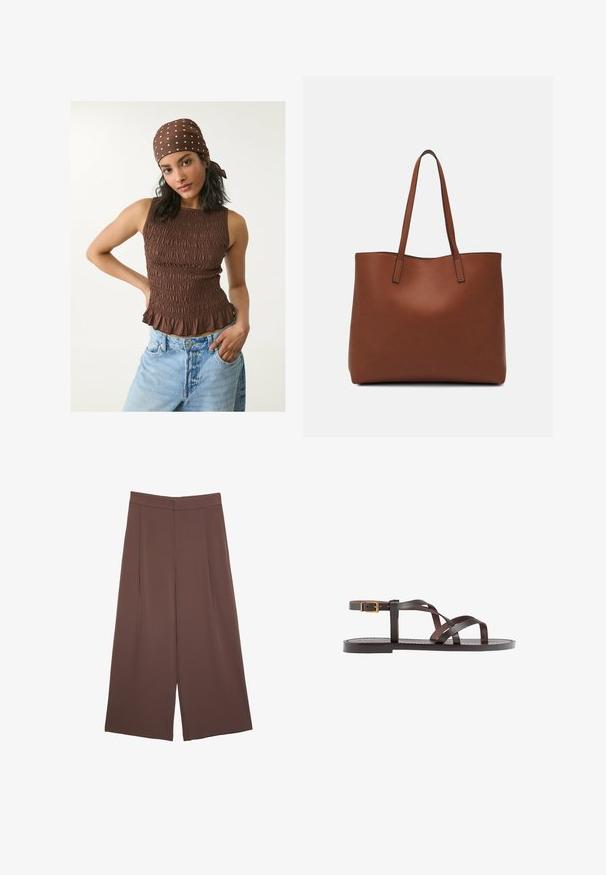 Bruine smocktop met een gerimpelde zoom, gemaakt van een textuurstof. Gepaard met lichtblauwe denim jeans. Een stippen-sjaal maakt de look compleet.; Bruine wijde broek met een gladde textuur, voorzien van een hoge taille en plooien aan de voorkant. De stof is lichtgewicht en valt losjes.; Bruine leren sandaal met kruisingen van banden, een enkelgesp-sluiting en een platte zool met minimale stikdetails.; Bruine leren tote bag met een gladde textuur, een ontwerp met een open bovenkant en twee schouderbanden. Kenmerkt zich door minimale stiksels en geen zichtbare hardware.