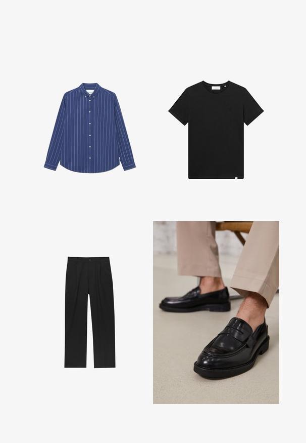 Marineblauwe overhemdd met witte verticale strepen, lange mouwen en een borstzak. Gemaakt van gladde stof met een kraagontwerp.; Zwarte T-shirt met korte mouwen van katoen, met een ronde hals en een klein logo geborduurd op de borst. Soepele textuur, normale pasvorm.; Zwarte broeken met een recht model, gemaakt van een gladde stof. Voorzien van een voorplooien en een enkele knoopsluiting bij de taille.; Zwarte leren loafers met een gladde afwerking, voorzien van een decoratieve band en contrasterende stiksels, gecombineerd met beige broeken.