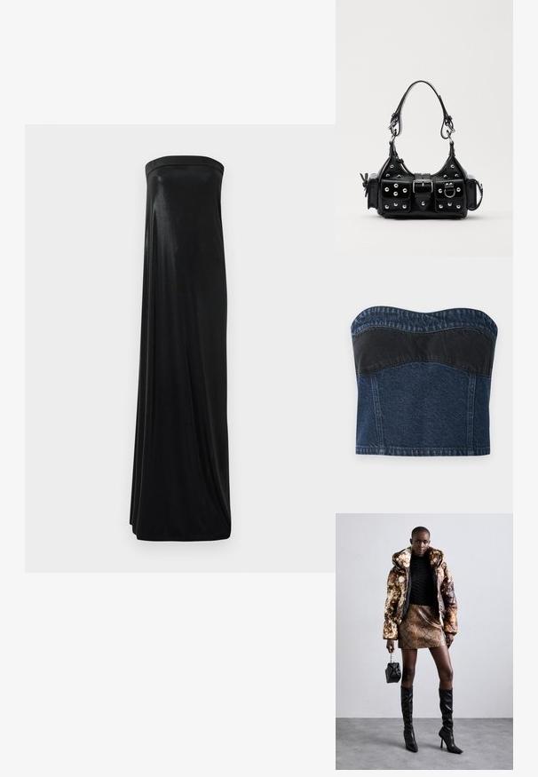 Denim strapless top, jossa on tummansininen muotoilu ja musta paneeli yläosassa, sileä pinta ja kaareva kaula-aukko.; Mustat olkaimeton maksimekko, joka on valmistettu sileästä ja kiiltävästä kankaasta. Mekossa on istuva yläosa ja kenttä, joka laskeutuu lattiaan ilman koristeita.; Puffer-takki ruskealla ja mustalla kuviolla, yhdistettynä ruskeaan käärmeennahkakuosiseksi mini-hameeseen, mustiin polvimittaisiin saappaisiin ja pieneen mustaan laukkuun.; Musta nahkainen käsilaukku, jossa on kaareva muotoilu, hopeiset niitit, solki ja kaksi sivutaskua. Säädettävä olkahihna erilaisiin kantovaihtoehtoihin.