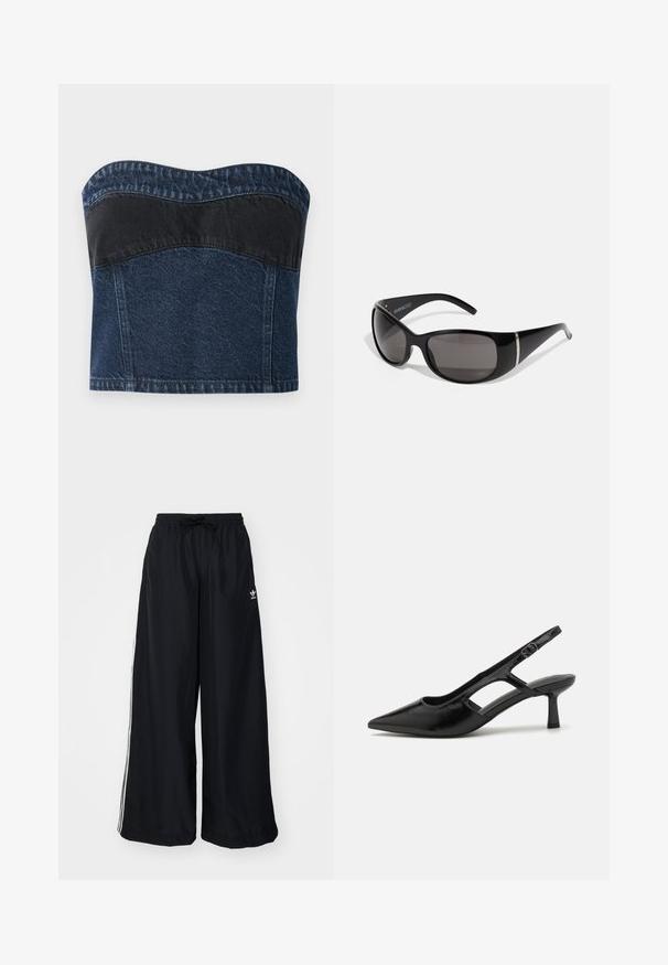 Top bez ramiączek z denimu, w ciemnoniebieskim kolorze, z czarną wstawką w górnej części, gładką fakturą i zaokrąglonym dekoltem.; Czarne spodnie typu wide-leg wykonane z lekkiego materiału. Posiadają elastyczny pas z troczkiem i białe paski po bokach. Logo marki na biodrze.; Czarne buty na obcasie z odkrytymi piętami, z wąskim czubkiem, wykonane z błyszczącego materiału, z wycięciami i umiarkowanym obcasem dla wsparcia.; Czarne okulary przeciwsłoneczne z błyszczącymi plastikowymi oprawkami, gradientowymi szarymi soczewkami oraz srebrnymi akcentami po bokach. Smukły, zakrzywiony design.