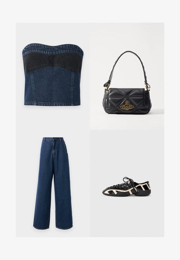 Džínový top bez ramínek s tmavomodrým dizajnom a čiernym panelom v hornej časti, hladká textúra a zakrivený výstrih.; Džíny s vysokým pásom a širokými nohavicami v tmavomodrej džínsovej látke s predným zapínaním na gombík a zips, pútkami na opasok a bočnými vreckami.; Čierna a krémová atletická obuv s textúrovaným vrchom, ktorá má výrezy v dizajne, šnúrky a ryhovanú podrážku pre lepšiu priľnavosť.; Čierna prešívaná kožená kabelka so zlatým logom. Má krátku rukoväť a štruktúrovaný, obdĺžnikový tvar. Textúrovaný povrch.