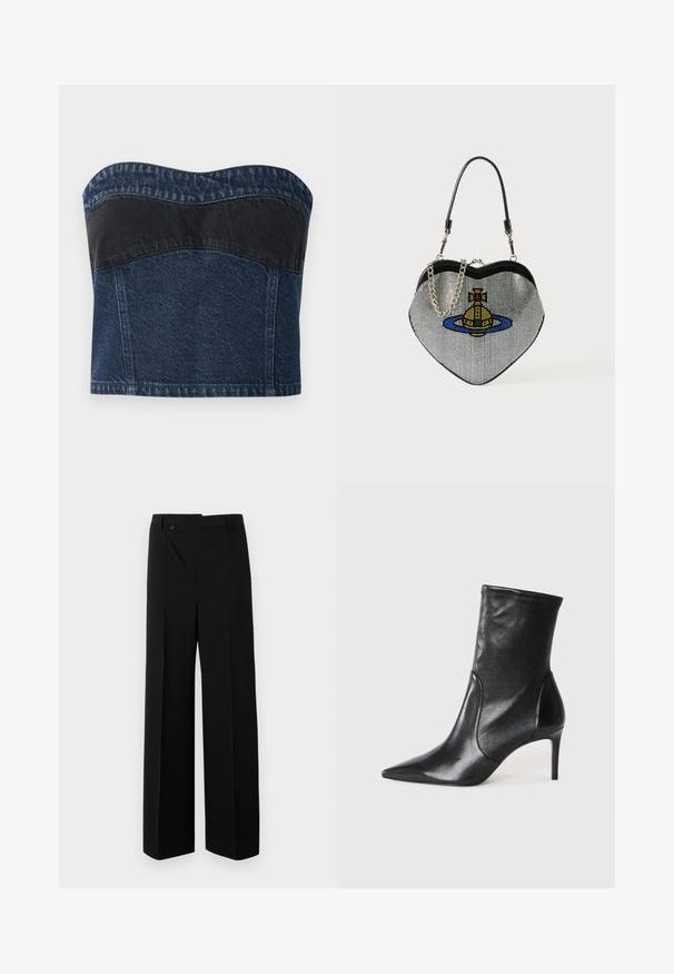 Denim strapless top featuring a dark blue design with a black panel across the upper section, smooth texture, and curved neckline.; Black wide-leg trousers with a flat front, button closure, and smooth fabric texture. Features a straight cut and crisp lines.; Black ankle boots made of smooth leather, featuring a pointed toe, fitted shaft, and a slim high heel. Minimalist design with no visible hardware.; Heart-shaped handbag made of mesh with a metallic finish, featuring a cat and planet design in blue, yellow, and red. Includes a chain strap.
