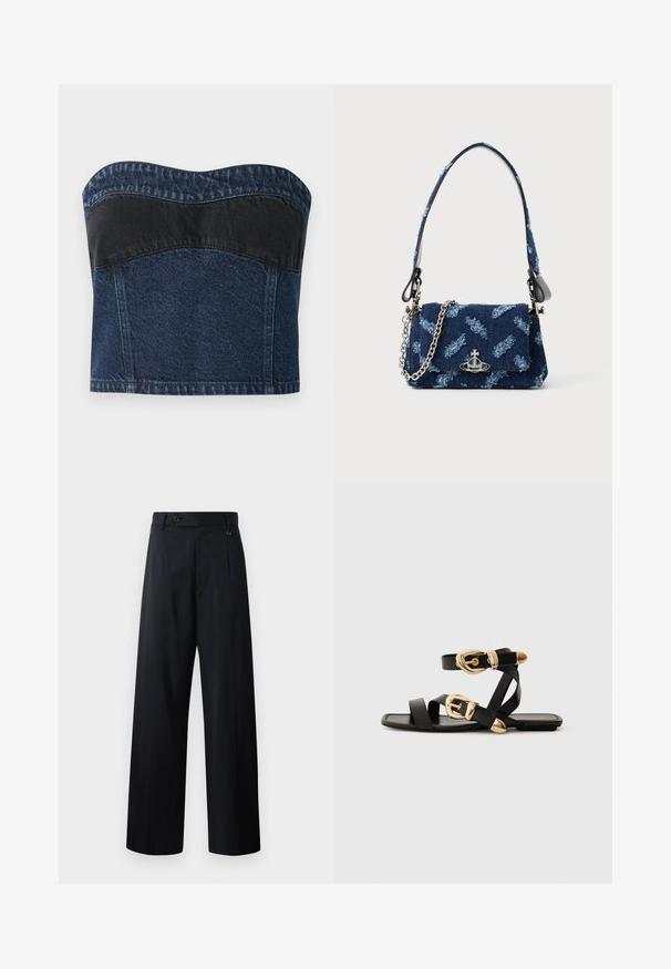 Džinsinis begalinio petnešų viršus su tamsiai mėlynu raštu ir juoda plokšte viršutinėje dalyje, lygiu tekstūru ir išlenktu iškirpimu.; Tamsiai mėlynos plačių kojų kelnes su sagų uždarymu, priekiniais raukiniais ir sklandžiu audiniu, turinčiu švarų, pritaikytą dizainą.; Juodos odinės šlepetės su auksiniais sagtelėmis, turinčios daugybę dirželių ir plokščią padą, skirtos atviriems pirštams.; Tamsiai mėlynas audinio rankinukas su tekstūruotu dizainu, sidabrinės spalvos detalėmis ir nuimama grandinėle. Yra užsegimas ant ventiliatoriaus ir logotipo akcentas.