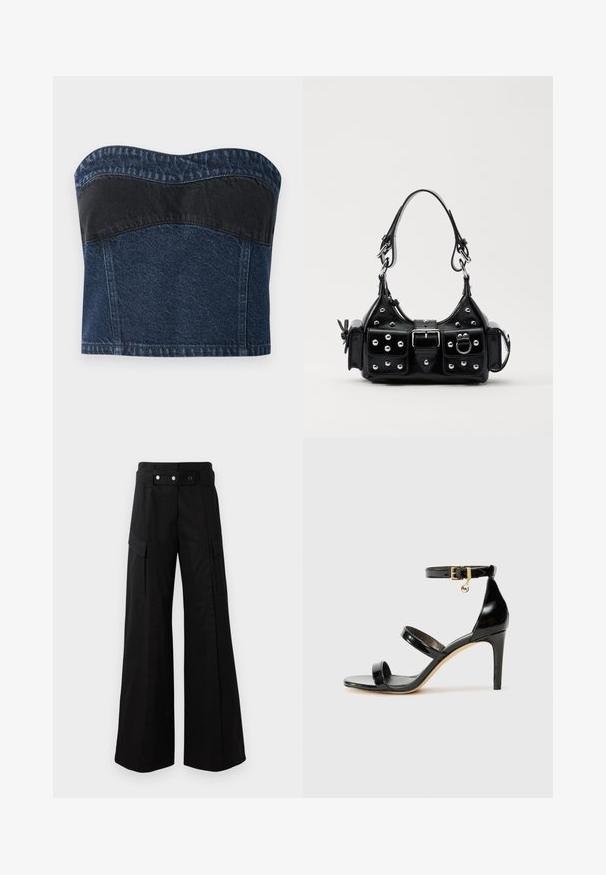 Denim strapless top met een donkerblauw ontwerp en een zwarte paneel over het bovenste gedeelte, een gladde textuur en een gebogen halslijn.; Zwarte wijde broek met hoge tailleband, voorzien van grote zijzakken, twee knopen aan de voorkant en een lusdetail. Gemaakt van stevige stof.; Zwarte gepatineerde leren sandaal met drie banden, enkelgesp en 10 cm hoge stiletto hak. Bevat gouden hardwaredetails en een logo charm.; Zwarte lederen handtas met een gebogen ontwerp, voorzien van zilveren studs, een gesp en twee zijvakken. Verstelbare schouderband voor verschillende draagmogelijkheden.