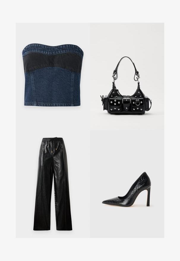 Denim strapless top featuring a dark blue design with a black panel across the upper section, smooth texture, and curved neckline.; Black leather wide-leg pants with an elastic waistband, drawstring, and gold hardware accents. Smooth texture and loose fit.; Black pointed-toe high heel shoe with a crocodile-skin texture, featuring a sleek design, high stiletto heel, and smooth black interior.; Black leather handbag with a curved design, featuring silver studs, a buckle, and two side pockets. Adjustable strap for carrying options.