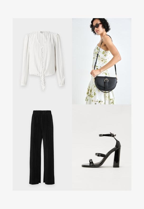 Bluză albă cu mâneci lungi, cu dungi verticale negre, cu decolteu în V, închidere cu nasturi și tiv frontal legat. Textură de țesătură netedă.; Pantaloni negri plisati cu talie elastică. Prezintă picioare largi și un material neted, texturat, cu dungi verticale.; Sandale cu toc din patent negru, cu vârf pătrat, curele la gleznă și catarame din argint. Dispune de un toc gros pentru stabilitate.; Geantă din piele neagră, cu o formă curbată, curea detașabilă și accesorii aurii. Geanta are un capac cu un detaliu tip cataramă.