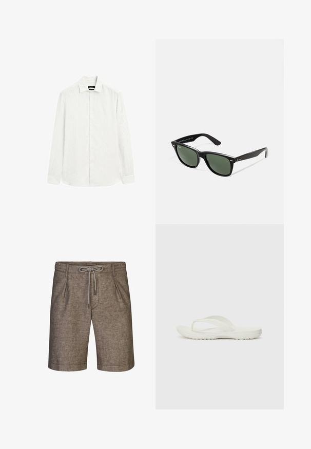 Långärmad skjorta i ljusgrått med subtila vertikala ränder. Krage med knappar, knappstängning fram och enfaldiga manschetter. Strukturerad tyg.; Bruna vävda shorts med elastiskt midjeband, justerbar dragsko och sidfickor. Har en strukturerad, något melerad tyg.; Vita flip-flops med en minimalistisk design, tillverkade av mjukt gummimaterial, med en platt sula och ett Y-format rem för stöd.; Svarta plastsolglasögon med gröna linser, fyrkantiga bågar, silverdetalj på ögonbrynet och texturerade skalmar. Angiven märkning på den inre skalmen.