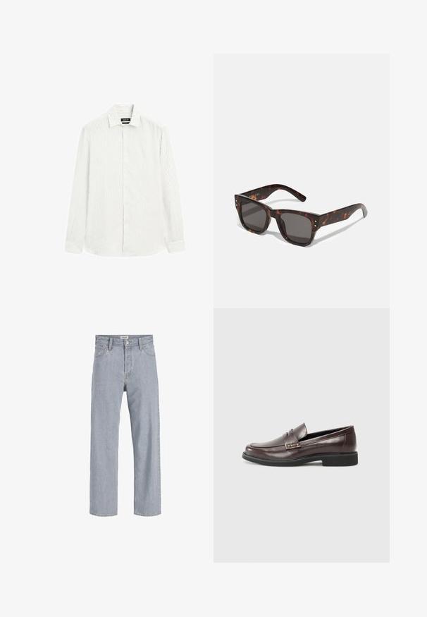 Long-sleeve shirt in light gray with subtle vertical stripes. Button-down collar, front button closure, and single-button cuffs. Textured fabric.; Light blue denim jeans with a relaxed fit, straight leg design, visible stitching, two front pockets, and a button closure.; Brown leather loafers with a smooth finish, featuring a subtle stitched detail on the upper and a black rubber sole.; Tortoiseshell sunglasses with dark lenses, square frame, and silver accent studs on the front. Made of plastic, lightweight and durable.