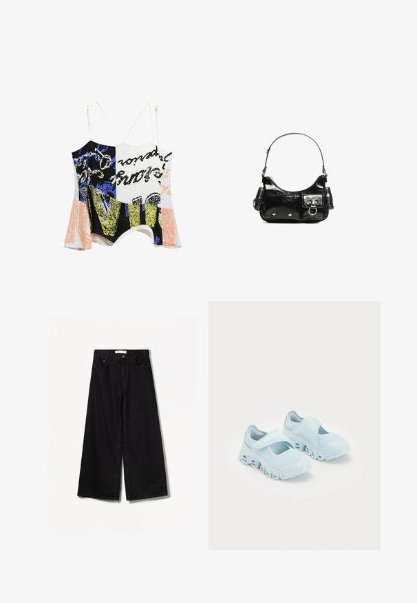 Desigual DOUBLE-STRAP - Top - white; Bershka WIDE-LEG - Wide leg - black; Světle modré tenisky s síťovinou, výraznými výřezy ve podrážce a suchým zipem přes vršek pro bezpečné uchycení.; Černá lakovaná kožená kabelka s křivkovým tvarem, jedním ramenním popruhem, předními kapsami a stříbrnými kovovými detaily.