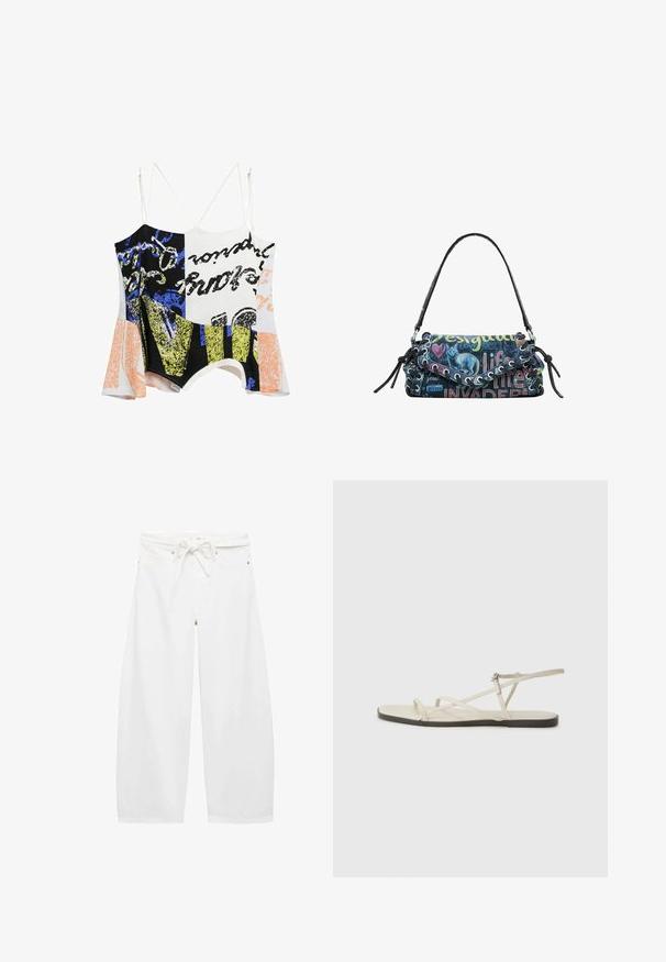 Desigual DOUBLE-STRAP - Top - white; Bílé široké kalhoty vyrobené z lehkého materiálu, s elastickým pasem na stažení, dvěma předními kapsami a jednoduchými kovovými doplňky.; Béžové ploché sandály s několika štíhlými pásky a nastavitelnou přezkou. Podešev je plochá s mírným tmavým kontrastem na okraji.; Kabelka z barevného plátna s grafikou kočky a potištěným textem, s křivým tvarem, horní rukojetí a dekorativními prvky šněrování.