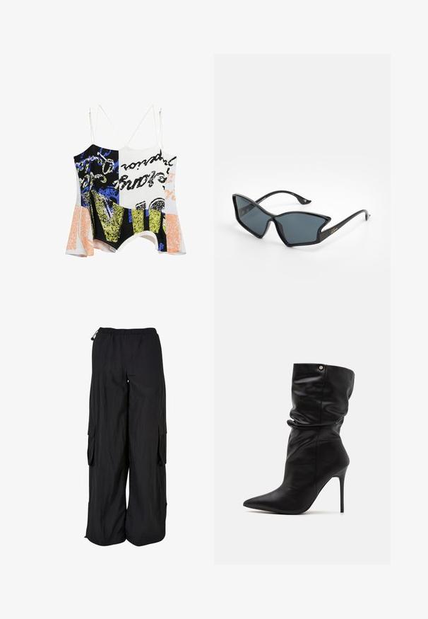 Desigual DOUBLE-STRAP - Top - white; Pantaloni cargo neri con cintura elastica, vestibilità ampia, tessuto leggero, tasche laterali e finitura testurizzata discreta.; Even&Odd Wide Fit Stivaletti con tacco - black; Occhiali da sole neri in plastica con forma geometrica a occhio di gatto, lenti grigie e dettagli dorati sulle astine. Texture liscia su tutto il telaio.