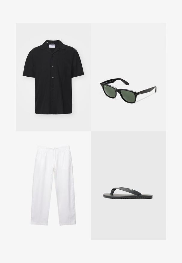 Czarna koszula na krótki rękaw wykonana z lnu, z klasycznym kołnierzykiem, zapięciem na guziki z przodu i lekko luźnym krojem. Miękka tekstura.; Trzy topy na ramiączkach w kolorze białym, szarym i czarnym. Każdy z nich ma klasyczny bezrękawnikowy fason, wykonany z lekkiej bawełnianej tkaniny z prążkowaną teksturą.; Białe, luźne spodnie wykonane z lekkiego materiału. Posiadają elastyczny pas ze sznurkiem oraz dwie boczne kieszenie.; Czarne klapki z teksturowanymi paskami, płaską podeszwą i ząbkowanym brzegiem. Wykonane z gumy o gładkim wykończeniu i minimalistycznym designie.; Czarne plastikowe okulary przeciwsłoneczne z zielonymi szkłami, kwadratowe oprawki, srebrny akcent na brwi oraz fakturowane ramiona temple. Nazwa marki podana na wewnętrznej stronie ramion.; Torba na ramię z płótna w kolorze off-white, z krótkimi uchwytami i nadrukowanym tekstem "LES DEUX" w pogrubionych czarnych literach. Trwały, prosty design.; Bransoletka z czarnego kamienia lawowego, składająca się z okrągłych koralików o fakturowanej powierzchni, uzupełniona małym prostokątnym akcentem metalowym.