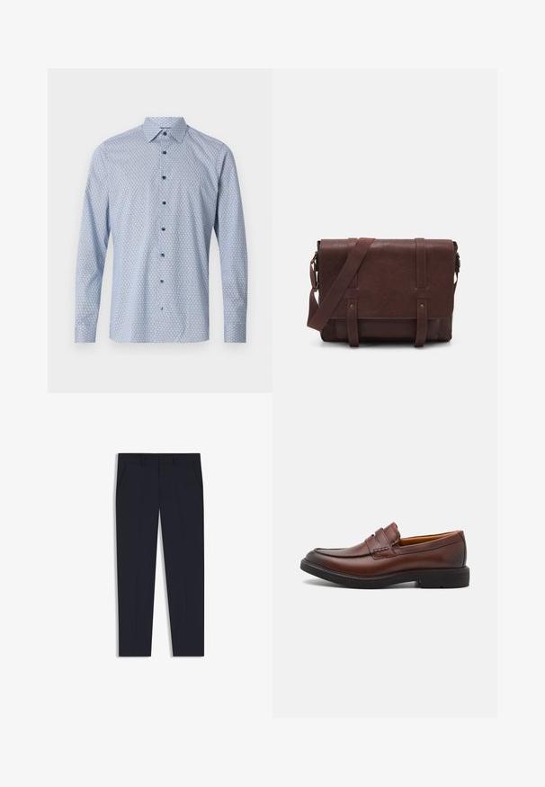 Helles blaues Langarmhemd mit geometrischem Muster, Button-Down-Kragen und kontrastierenden blauen Knöpfen auf einem strukturierten Stoff.; Marineblaue Hose mit maßgeschneiderter Passform, ausgestattet mit zwei Vordertaschen, einem flachen Design und einer glatten Textur. Keine sichtbaren Muster oder Verzierungen.; Braune Lederloafer mit runder Zehenpartie, dekorativer Naht und schwarzer Gummisohle. Glatte Textur und minimale Designmerkmale.; Braune Leder-Umhängetasche mit einer flachen Vorderklappe, zwei Riemen, goldenen Hardware-Akzenten und einem verstellbaren Schultergurt.