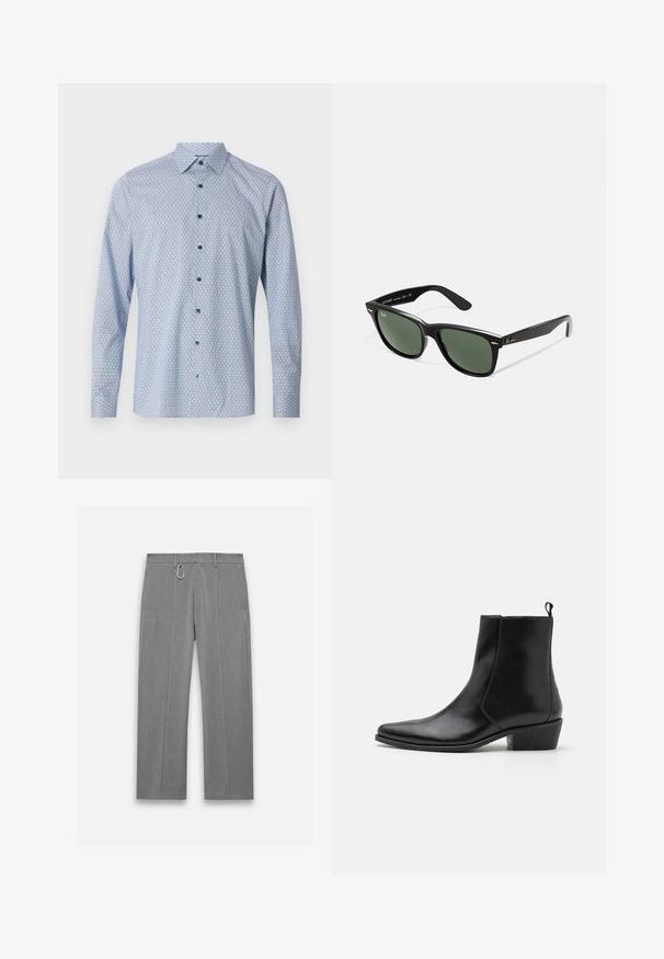 Light blue long-sleeve shirt featuring a geometric pattern, button-down collar, and contrasting blue buttons over a textured fabric.; Gray tailored pants with a textured finish. Features a front zipper, side pockets, and a silver hardware accent. Straight-leg design.; Zign LEATHER - Cowboy/biker ankle boot - black; Black plastic sunglasses with green lenses, square frames, silver accent on the brow, and textured temple arms. Stated brand on inner arm.