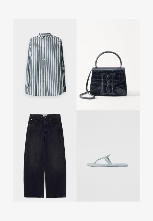Cămașă cu dungi în verde, alb și gri. Prezintă mâneci lungi, un guler clasic și o croială lejeră. Fabricată dintr-un material ușor.; Jeans negri din denim cu picioare largi, cu butoane de cupru, două buzunare frontale și o textură netedă. Design curat cu croi drept.; Flip-flop de culoare albastru deschis, fabricat din material texturat. Prezintă un design simplu cu un întreținător pentru degetul mare și o talpă plată. Fără accente sau modele suplimentare.; Geantă din piele cu model de crocodil negru, cu un design structurat, mână superioară, curea ajustabilă și un detaliu proeminent cu logo pe față.