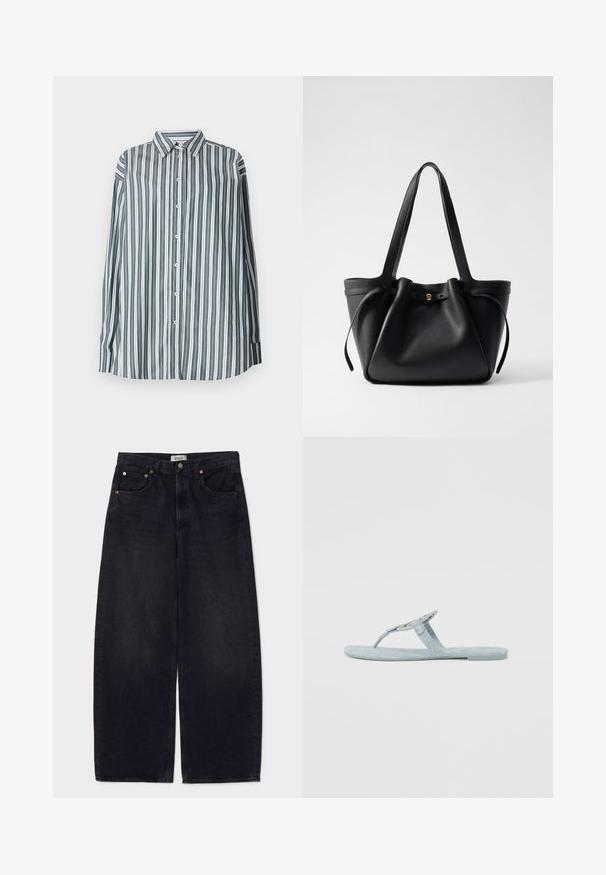 Ribade ribaheline särk rohelise, valge ja halli triibuga. Omab pikki varrukaid, klassikalist kraed ja vabalt langevat lõiget. Valmistatud kerge kangast.; Laiad mustad denimi teksad hõbedaste nuppudega, kahe esikoti ja sileda tekstuuriga. Puhtas disainis on sirge lõige.; Hele sinine plätud, mis on valmistatud tekstuuritud materjalist. Omab lihtsat disaini varvastoe ja lame tallaga. Ilma täiendavate aktsentide või mustriteta.; Must musta kott, millel on kaks pikka rihma, kergelt kokkusurutud ülaosa ja kuldne ümmargune aksessuaar. Sile tekstuur ja minimalistlik disain.