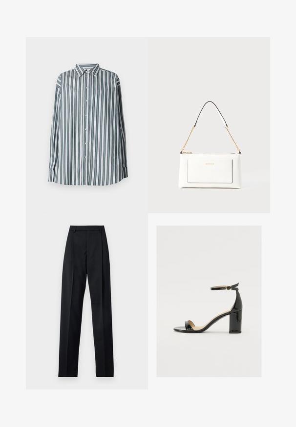 Καρό πουκάμισο σε πράσινο, λευκό και γκρι. Διαθέτει μακριά μανίκια, κλασικό γιακά και άνετη εφαρμογή. Κατασκευασμένο από ελαφρύ ύφασμα.; Μαύρο παντελόνι φτιαγμένο από λείο ύφασμα με ψηλή μέση, φαρδιές γάμπες, πλάγιες πιέτες και κλασσικές θηλιές ζώνης. Δεν υπάρχουν ορατές πλαϊνές τσέπες.; Μαύρη πατεντέ δερμάτινη σαγιονάρα με φαρδύ τακούνι, ανοιχτό μπροστινό μέρος και λουράκι στον αστράγαλο με χρυσό κούμπωμα. Λείο υλικό και κομψός σχεδιασμός.; Λευκή δερμάτινη τσάντα με υφή, διαθέτει χρυσή αλυσίδα και μαύρες λεπτομέρειες. Περιλαμβάνει μπροστινή τσέπη και κλείσιμο με φερμουάρ.