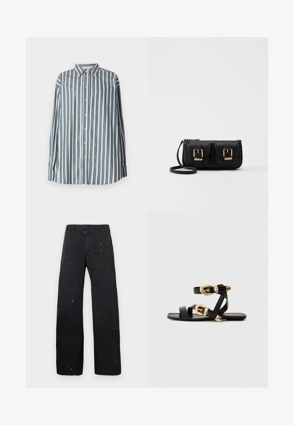 Cămașă cu dungi în verde, alb și gri. Prezintă mâneci lungi, un guler clasic și o croială lejeră. Fabricată dintr-un material ușor.; MM6 Maison Margiela PANTS - Blugi loose fit - black; Sandale din piele neagră cu accente aurii pe catarame, având mai multe curele și un design cu talpă plată pentru purtare cu degetele la vedere.; Geantă neagră din piele, tip crossbody, cu două buzunare frontale, catarame aurii, închidere cu fermoar și o curea subțire. Suprafață texturată și formă rectangulară compactă.
