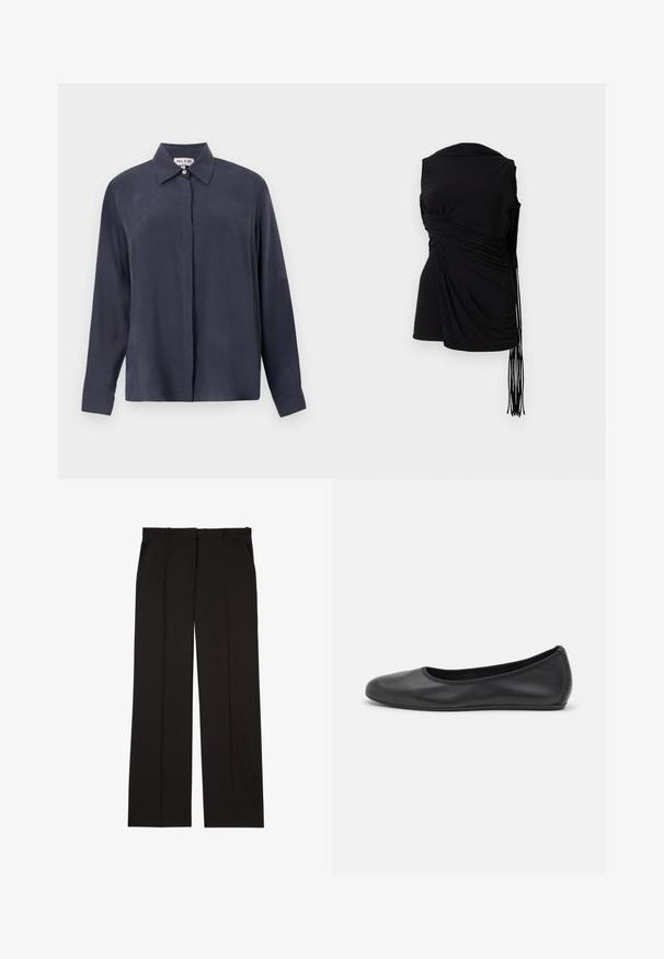 Donker marineblauw langemouwen shirt van gladde stof, met een klassieke kraag en knoopsluiting aan de voorkant. Losse pasvorm met manchetten.; Zwarte mouwloze top met gedrapeerde stof, zijwaartse rimpeling en verlengde franjes, met een gladde textuur en een aangesloten silhouet.; Zwarte op maat gemaakte broek van een gladde stof, met een rechte pijp en twee zijzakken. Elegante en minimalistische constructie.; Zwarte leren ballerina met een ronde neus, gladde textuur, minimale stikdetails en een flexibele zoolontwerp.