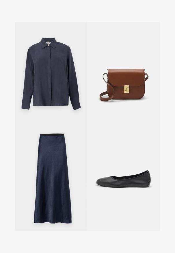 Mørkeblå langærmet skjorte lavet af glat stof, med klassisk krave og knap-til-forside. Løs pasform med manchetter.; Hvid kortærmet t-shirt lavet af ribbet stof. Rund halsudskæring, almindelig pasform og subtile syninger. Ingen mønstre eller grafik.; Marine satinv midi-nederdel med en glat overflade, svungen design og sort elastisk talje. Ingen mønstre eller synlige hardware.; Sort læderballetsko med rund tå, glat tekstur, minimal syning og et fleksibelt såldesign.; Brun læder håndtaske med flaplukning, hardware i gyldent tone, en skulderrem og en glat overflade. Kompakt rektangulær form.
