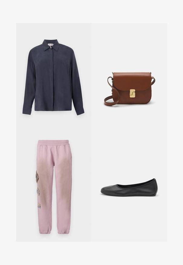 Tmavomodrá košeľa s dlhým rukávom vyrobená z hladkej tkaniny, s klasickým golierom a zapínaním na gombíky. Voľný strih s manžetami.; Biela krátka tričko s krátkymi rukávmi vyrobené z rebrovanej látky. Klasický okrúhly výstrih, bežný strih a jemné švy. Bez vzorov alebo grafiky.; Ružové tepláky s elastickým pásom, s ozdobnými nášivkami v tvare diamantu na ľavej strane a elastickými manžetami na členkoch.; Čierne kožené baleríny s okrúhlou špičkou, hladkým povrchom, minimálnym prešívaním a flexibilným dizajnom podrážky.; Hnedá kožená kabelka s klopou, zlatými kovovými prvkami, ramenným popruhom a hladkým povrchom. Kompaktný obdĺžnikový tvar.