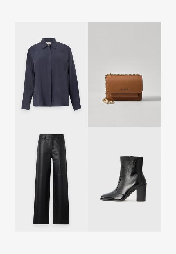 Dunkelblaues Langarmshirt aus glattem Stoff mit klassischem Kragen und Knopfleiste. Lockerer Schnitt mit geknöpften Ärmelbündchen.; Weite schwarze Lederhosen mit glatter Textur, ausgestattet mit Fronttaschen, einem Knopfverschluss und dezenten Steppnähten.; Schwarze Leder-Stiefelette mit glatter Textur, spitzem Fuß und klobigem hohen Absatz. Verfügt über eine seitliche Öffnung und ein minimalistisches Design.; Braune strukturierte Ledertasche mit goldener Kettenriemen und Klappenverschluss. Die Vorderseite zeigt ein Logo-Detail und eine Tasche unter der Klappe.