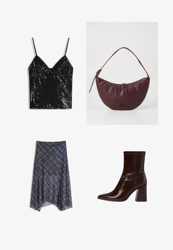 Černý bezrukávový top s flitry, tenkými ramínky a výstřihem do V.; Černá kostkovaná sukně s modrými a hnědými pruhy, volný design, střední délky, vyrobena z lehké látky s hladkou texturou.; Hnědé lakované kožené kotníkové boty s špičatou špičkou, elastickým kotníkem a chunky blokovým podpatkem. Elegantní design s hladkým povrchem.; Bordó kožená kabelka s zakřiveným designem, která má zipové uzavření, dva jezdce na zip a krátký popruh na rameno. Mezi detaily patří embosované logo.