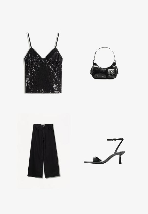 Top in sequins nero senza maniche con spalline sottili e scollatura a V.; Bershka WIDE-LEG - Wide Leg - black; Bershka Sandali con tacco - black; Borsa a spalla in vernice nera con forma curvata, una tracolla, tasche frontali e dettagli in metallo argentato.