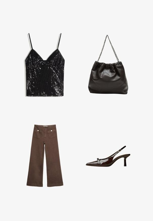 Czarna, bezrękawnikowa bluzka z cekinami, z cienkimi ramiączkami i dekoltem w kształcie litery V.; Czerwone spodnie typu wide-leg wykonane z bawełny, z dwoma przednimi kieszeniami zapinanymi na srebrne guziki oraz gładką fakturą.; Brązowe lakierowane sandały z odkrytymi palcami, o spiczastym nosku, niskim obcasie i ozdobnym kokardkowym akcentem z przodu. Gładka, błyszcząca tekstura.; Brązowa skórzana torba z marszczonym szczytem i łańcuszkowym paskiem. Gładka tekstura z błyszczącym wykończeniem i subtelnymi detalami szwów po bokach.