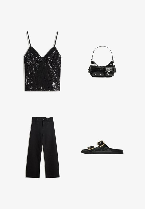 Black sleeveless sequin camisole top with thin straps and a V-neckline.; Black wide-leg denim pants with a high waist, featuring front and back pockets, stitched seams, and a button closure. Smooth texture.; Black slide sandal with two gold buckle accents, smooth textured material, flat sole, and a minimalist design.; Black patent leather handbag with a curved shape, one shoulder strap, front pockets, and silver-tone hardware accents.