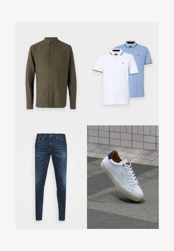 Cămașă verde măsliniu, cu nasturi, mâneci lungi, guler mic, un singur buzunar la piept, țesătură texturată, închidere frontală cu nasturi.; Două cămăși polo: una albă cu accente negre, cealaltă bleu deschis melanj. Fiecare are un guler și un închizător cu două butoane, cu logo.; Jeans din denim de culoare albastră închisă, cu o croială slim, ușor decolorate, cinci buzunare și închidere cu buton metalic. Detalii cusute în culori contrastante.; Adidași din piele albă cu călcâi bleumarin, vârf rotund și accente contrastante de culoare maro. Dispun de șireturi plate și talpă din cauciuc texturat.