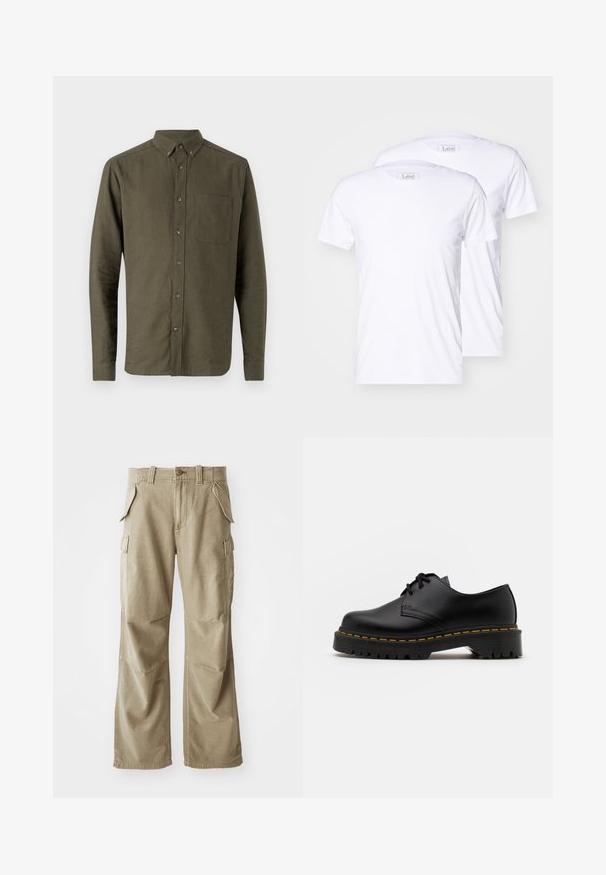 Olīvu zaļš krekls ar garām piedurknēm, mazs apkaklīte, viena krūšu kabata, teksturēta auduma, priekšējā pogu aizdare.; Divas baltas kokvilnas T-kreklas ar īsām piedurknēm, apaļiem dekoltē un Lee zīmolu uz etiķetēm. Gluda tekstūra, klasiskā piegriezuma, bez papildu rakstiem.; Bēše kravas bikses izgatavotas no izturīga auduma, ar brīvu piegriezumu, vairākām sānu kabatām un nostiprinātiem ceļgaliem. Plakans priekšējais dizains.; Melnas ādas kurpes ar saistēm, noapaļota purngalu, ar teksturētu gumijas zoli un dzeltenu šuvju ap malu. Plakana forma un gluda apdare.