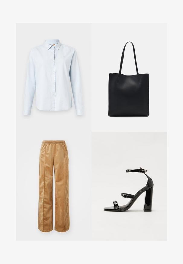 Világoskék, hosszú ujjú ing, hegyes gallérral, gombos előlappal és puha anyagból. Az ing a mellkasán egy kis hímzett logót is visel.; Puha, bársonyos anyagból készült, világosbarna széles lábú nadrág. Jellemzője a gumis derék és az elülső részen végigfutó függőleges varrás, amely extra részletességet ad.; Fekete lakk magas sarkú szandál négyzet alakú orral, bokapántokkal és ezüst csatokat tartalmaz. Masszív blokk sarka a stabilitásért felel.; Fekete bőrtáska sima felszínnel, téglalap alakú, két hosszú füllel. Nincs látható fémkiegészítő vagy díszítés.