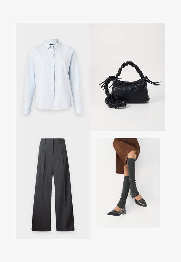 Cămașă lungă cu mânecă albastru deschis, cu guler ascuțit, cu închidere prin butoane și dintr-un material moale. Prezintă un mic logo brodat pe piept.; Pantaloni culți din țesătură gri închis, cu talie înaltă, pliuri simple și o textură netedă, cu o finisare curată la tivuri.; Pantofi negri din piele lacuită, cu vârful ascuțit, toc bloc și curea la glezna, asortați cu jambiere gri cu nervuri și o fustă din suede maro.; Geantă din faux leather neagră cu textură de crocodil, cu partea superioară strânsă și o curea mototolită. Pare moale și compactă ca design.