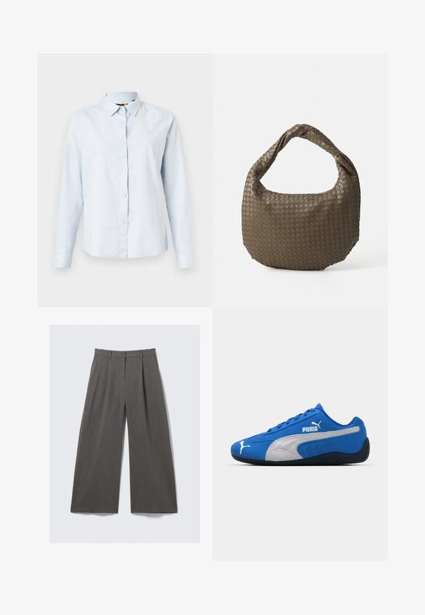 Light blue long-sleeve shirt with a pointed collar, button front, and soft fabric. Features a small embroidered logo on the chest.; Gray pinstriped wide-leg trousers with belt loops and pleats, displayed flat against a white background.; Blue athletic shoes with a suede upper, featuring a white side panel and black rubber sole. Includes a raised PUMA logo on the side.; Woven olive green handbag with a rounded shape and a twisted handle. Textured surface features a diagonal pattern. Zipper closure.