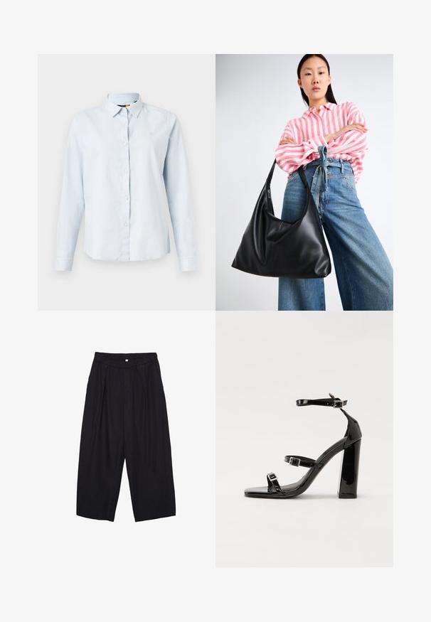 Helles blaues Langarmhemd mit spitzem Kragen, Knopfleiste und weichem Stoff. Verfügt über ein kleines gesticktes Logo auf der Brust.; Schwarze Polyester-Culotte mit einem elastischen Bund, zwei vorderen Falten und einer lockeren Silhouette. Keine sichtbaren Muster oder Hardware-Details.; Schwarze patentierte Sandalen mit Absatz, quadratischer Spitze, Knöchelriemen und silbernen Schnallen. Mit einem stabilen Blockabsatz für mehr Stabilität.; Schwarze Leder-Umhängetasche mit einer lässigen Form und Nahtdetails. Das Modell trägt ein pink-weiß gestreiftes Hemd zu weit geschnittenen blauen Jeans.