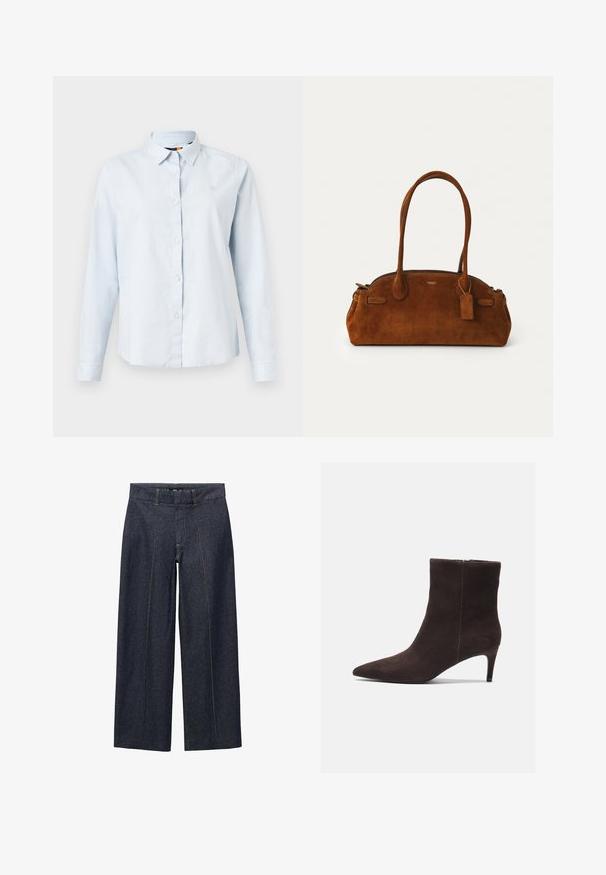 Lichtblauwe blouse met lange mouwen, een puntige kraag, knoopsluiting en zachte stof. Bevat een klein geborduurd logo op de borst.; Donkerblauwe denim wijde broek met voornaad en een standaard tailleband. Voorzien van oranje stiksel en een cropped lengte.; Bruine suède enkellaarsjes met een spitse neus en een hak van 7,5 cm, voorzien van een gladde textuur en een minimalistisch ontwerp. Ritssluiting aan de achterkant.; Bruine suede handtas met twee ronde handvaten, gouden hardware, een klein label en een soepele ritssluiting. Bevat subtiele gestikte accenten.