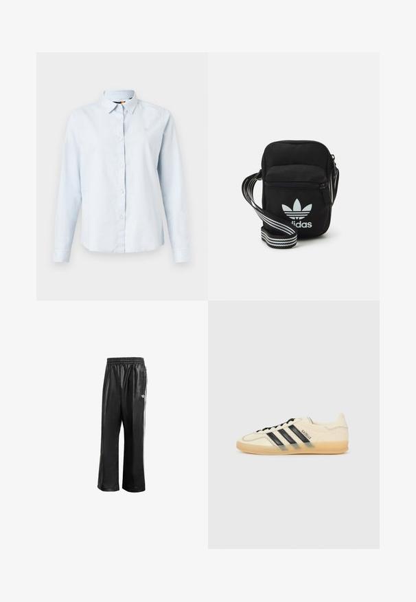 Világoskék, hosszú ujjú ing, hegyes gallérral, gombos előlappal és puha anyagból. Az ing a mellkasán egy kis hímzett logót is visel.; Fekete szintetikus tréningnadrág elasztikus derékkal, fehér oldalcsíkokkal és egy kis fehér logóval a bal csípőn.; Világoskrém színű sneaker fekete háromsávos dizájnnal, textúrált felsőrésszel, kerek orral és gumitalppal. Felszereltsége közé tartozik a fűzés és a logó az oldalán.; Fekete anyagú, keresztpántos táska cipzáras záródással, fehér Adidas logóval és csíkos állítható pánttal a könnyű hordozás érdekében.