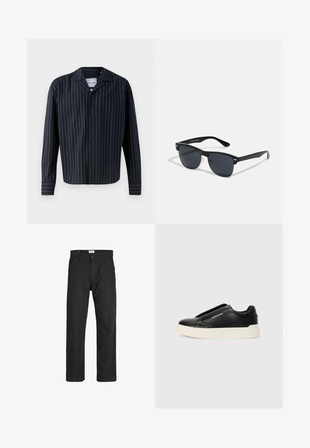 Temno modra srajca s gumbi z navpičnimi belimi in bež črtami, ki ima ovratnik, dolge rokave in ravno spodnji rob. Mehka tekstura tkanine.; Črne hlače iz trpežnega materiala, s krojem naravnih nog, našitki ter dvema sprednjima žepoma za funkcionalnost.; Črne slip-on športne čevlje z teksturiranim usnjenim zgornjim delom, belim gumijastim podplatom in brez vidnih vezalk. Na strani je logotip blagovne znamke.; Črne sončne naočare pravokotne oblike, temna leča, srebrni detajli na ušesih in mat površina na okvirju.