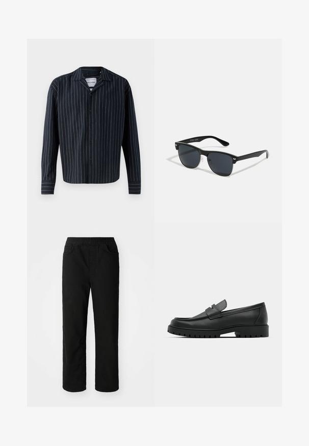 Cămașă bleumarin cu nasturi, cu dungi verticale albe și bej, având guler, mâneci lungi și un tiv drept. Textură de țesătură moale.; Pantaloni din bumbac negri cu o croială lejeră, talie elastică, două buzunare frontale și picioare drepte. Textură netedă, fără modele vizibile.; Mocasini din piele neagră cu vârful rotunjit, având un design cusut, talpă joasă și o talpă din cauciuc texturat, cu crampoane.; Ochelari de soare negri cu o formă rectangulară, lentile întunecate, accente argintii la tâmple și un finisaj mat pe cadru.