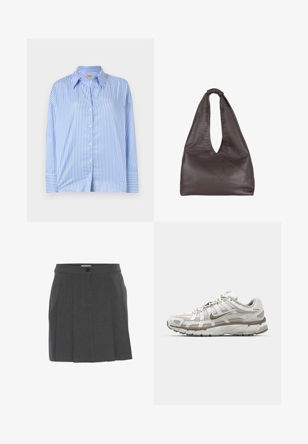 Modrá a biela pruhovaná košeľa na gombíky s golierom, dlhými rukávmi a manžetami. Svetlý, hladký materiál s vertikálnymi pruhmi.; Šedá plisovaná sukňa s pásom, ktorá má predné zapínanie na gombíky. Vyrobená z textúrovanej tkaniny, navrhnutá pre prispôsobený strih.; Biele športové topánky s priedušným zvrškom, svetlohnedými akcentami a odpruženou podrážkou. Obsahujú šnurovanie a text po boku.; Hnedá kožená taška s uvoľneným, nadrozmerným dizajnom. Obsahuje slučkovú rukoväť a hlboké vykrojenie do V pre jednoduchý prístup. Mäkka textúra, minimalistický štýl.