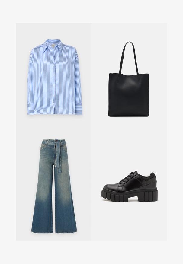 Blue and white striped button-up shirt with a collar, long sleeves, and cuffed ends. Light, smooth fabric with vertical lines.; Wide-leg denim trousers featuring a light to dark blue gradient, high waist, belt loops, and a matching fabric belt. Textured denim finish.; Black leather platform shoes with a chunky block heel, round toe, and traditional lace-up design. Features smooth texture and minimal detailing.; Black leather tote bag with smooth texture, rectangular shape, and two long handles. No visible hardware or embellishments.