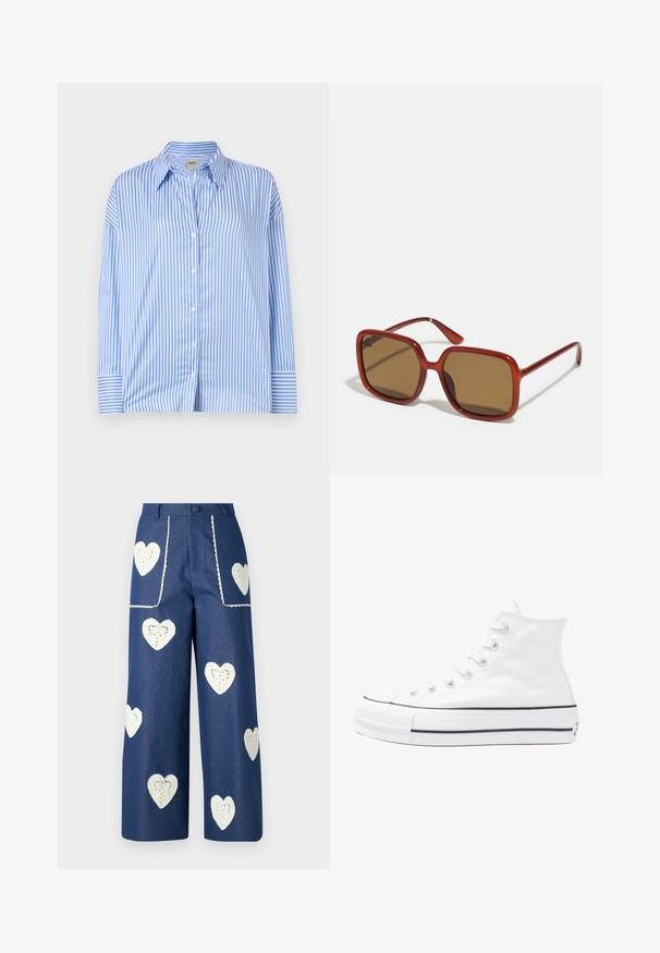 Camicia a righe blu e bianche con colletto, maniche lunghe e polsini. Tessuto leggero e liscio con righe verticali.; Sister Jane HEART TO HEART - Jeans a sigaretta - blue denim; Sneaker alta in tela bianca con suola in gomma nera, punta in gomma frontale e sei asole per i lacci, caratterizzata da un design pulito e minimalista.; Occhiali da sole rossi con lenti marroni. Montatura spessa e lucida e stanghette sottili con dettagli minori sui lati per un interesse visivo.; Borsa a tracolla in pelle rossa con un design angolare e geometrico. Presenta una singola tracolla regolabile e una chiusura a patta con dettagli cuciti.