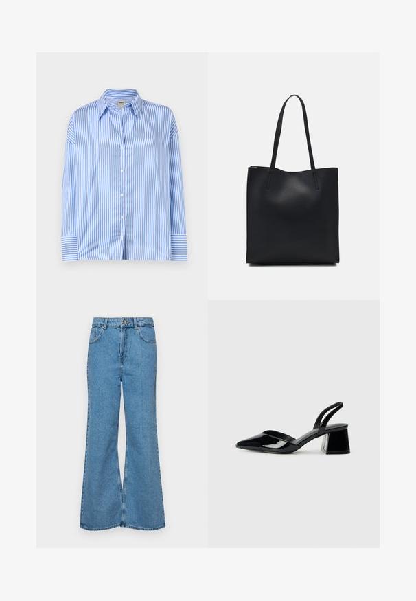 Camisa de botão às riscas azuis e brancas com colarinho, mangas compridas e punhos com dobra. Tecido leve e suave com riscas verticais.; Jeans de brim azuis claros, com corte à boca de sino, apresentando uma cintura alta, cinco bolsos e um fecho de botão único. Textura macia com acabamento desbotado.; Sandy em verniz preto com salto slingback, ponta afilada e salto geométrico. Apresenta um design elegante e minimalista com textura suave.; Bolsa tote preta em couro com textura lisa, forma retangular e duas alças longas. Sem hardware ou enfeites visíveis.