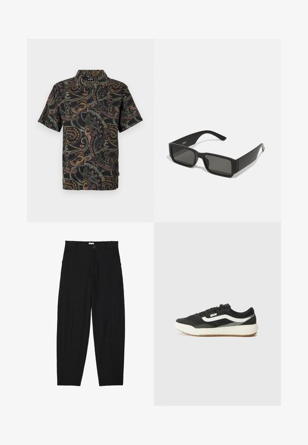 Tričko s krátkym rukávom vyrobené z čiernej látky s farebnými paisley vzormi v červenej, zelenej a žltej farbe. Bežný golier s predným zapínaním na gombíky.; Čierne, ribované nohavice s voľným strihom. Obsahujú predné vrecká a zapínanie na gombík v páse. Mäkká textúra a rovný strih nohavíc.; Čierne tenisky s bielymi akcentmi, s hladkým syntetickým zvrškom, okrúhlym tvarom a gumovou podošvou, skombinované so svetlo béžovými nohavicami.; Čierne slnečné okuliare s obdĺžnikovými šošovkami, matný plastový rám a rovné hrany. Obsahujú logo značky na vnútornej strane ramenka.