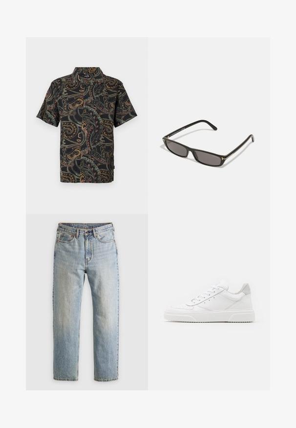 Camicetta a maniche corte in tessuto nero con motivi paisley colorati in rosso, verde e giallo. Collo regolare con chiusura a bottone frontale.; Jeans in denim azzurro chiaro con vita alta, bottone anteriore, cerniera e design a cinque tasche, adagiati su uno sfondo neutro.; Sneaker bianche in pelle con finitura liscia, punta arrotondata, lacci piatti e suola texturizzata. Accento in suede grigio sul tallone.; Occhiali da sole rettangolari neri con lenti scure. Montatura in plastica con finitura opaca. Dettagli dorati sugli steli e marchio del logo.; Fanny pack in suede grigio con forma arrotondata, due scomparti con cerniera e tracolla regolabile. Presenta dettagli in metallo.