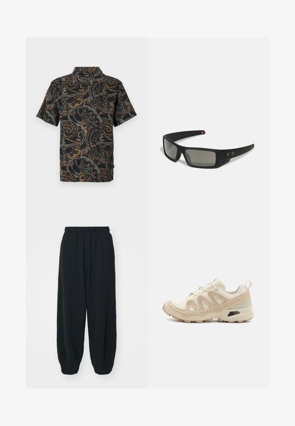 Lyhythihainen paita, jossa on musta kangas ja värikkäitä paisley-kuvioita punaisena, vihreänä ja keltaisena. Tavallinen kaulus ja etupainike.; Mustat, elastisella vyötäröllä varustetut collegehousut, joissa on löysä istuvuus, cuffattu lahje, sileä pinta ja ilman näkyviä kuvioita tai varusteita.; Beige ja kreemi värvi sportlikud jalanõud, millel on tekstiilne mesh ülemine osa, toetavad ülekatted ja kummist tald, millel on mustripattern haardeks.; Mustat aurinkolasit matta-pinnalla, suorakulmaiset linssit, hieman kaarevat tempaukset, hienovarainen logo-yksityiskohta ja savunväriset linssit.